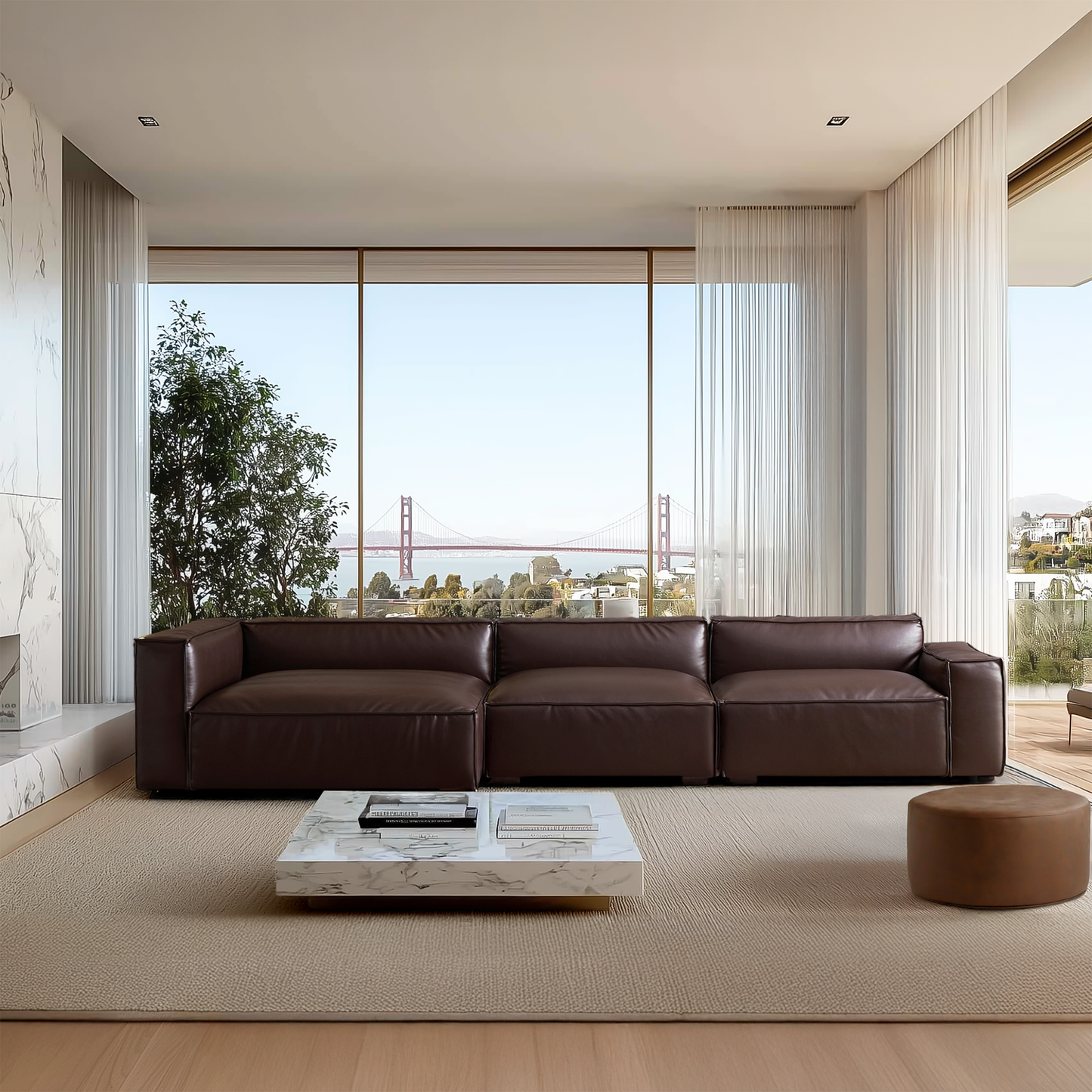 Luxury Minimalist Dark Brown Leather Sectional-Dark Brown