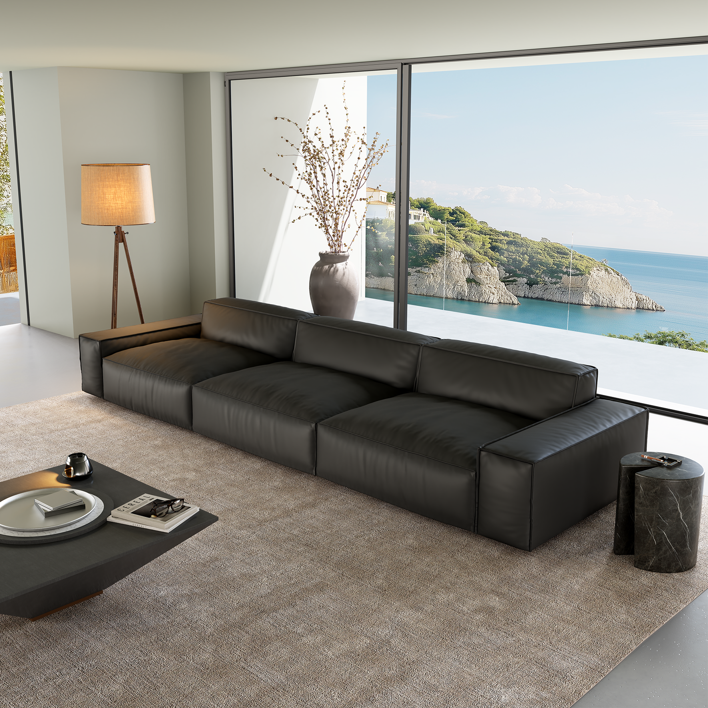 Luxury Minimalist Dark Brown Leather Sofa-Black