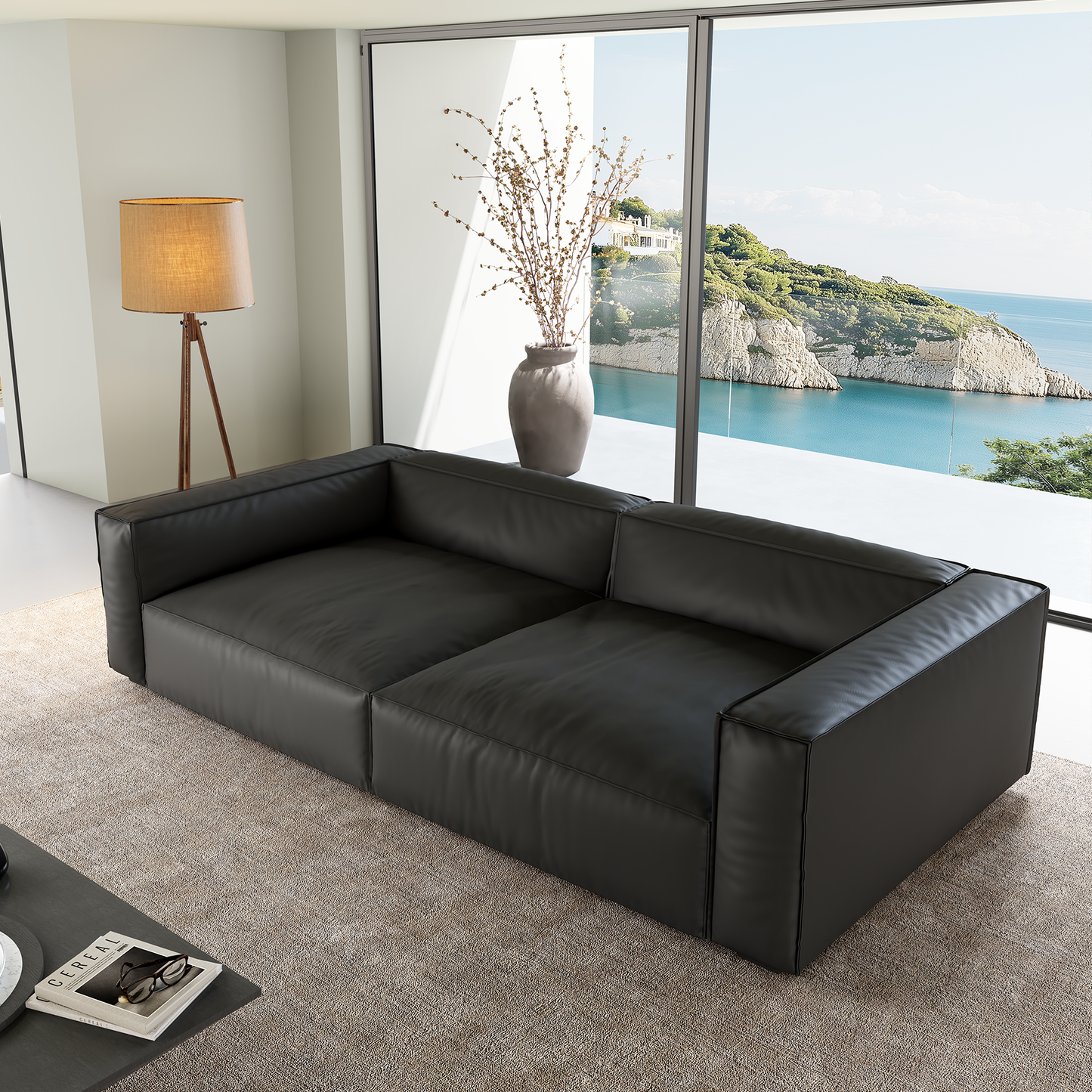 Luxury Minimalist Black Leather Daybed Sofa-Black