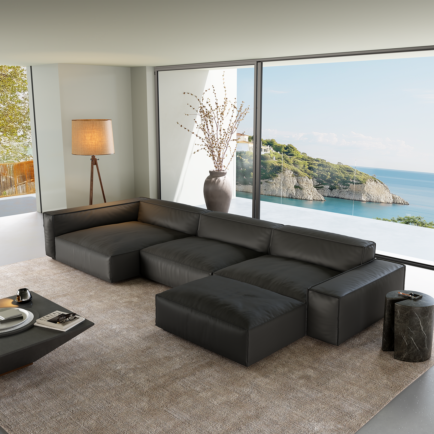 Luxury Minimalist Black Leather Sectional and Ottoman-Black