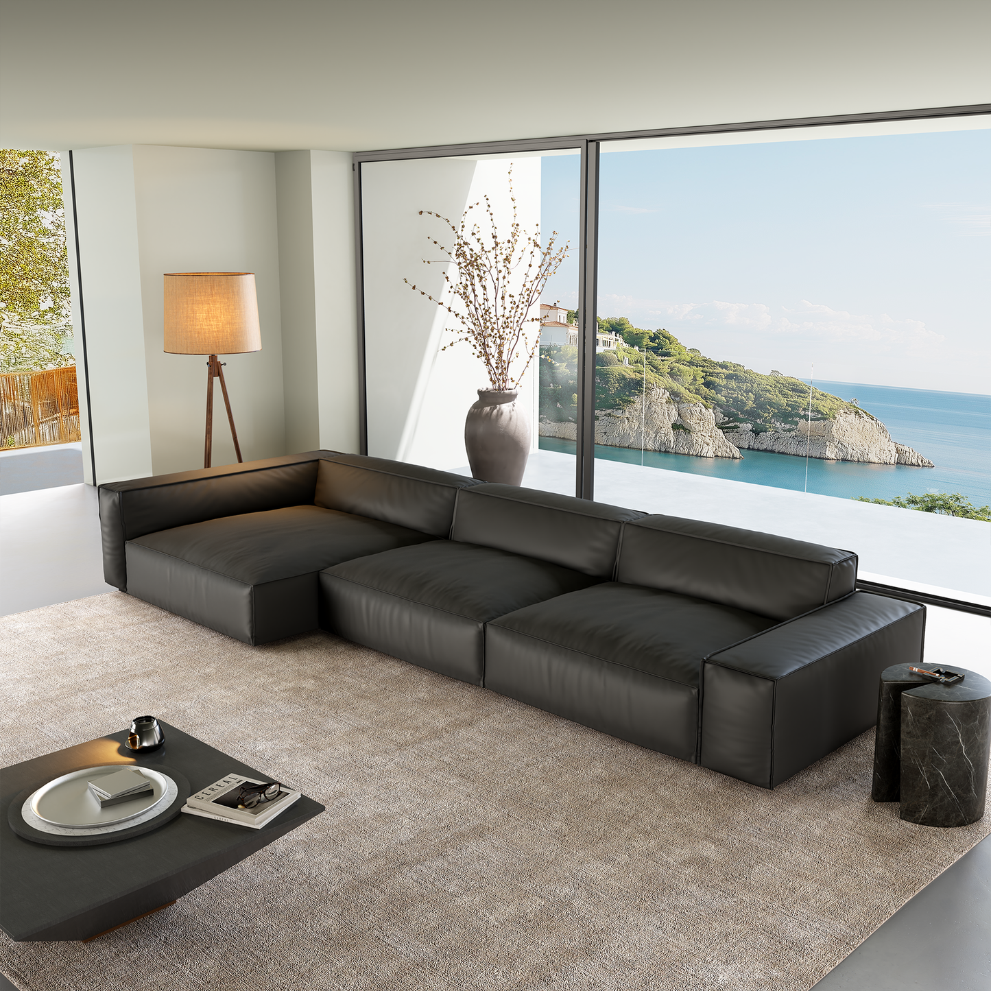 Luxury Minimalist Black Leather Sectional-Black
