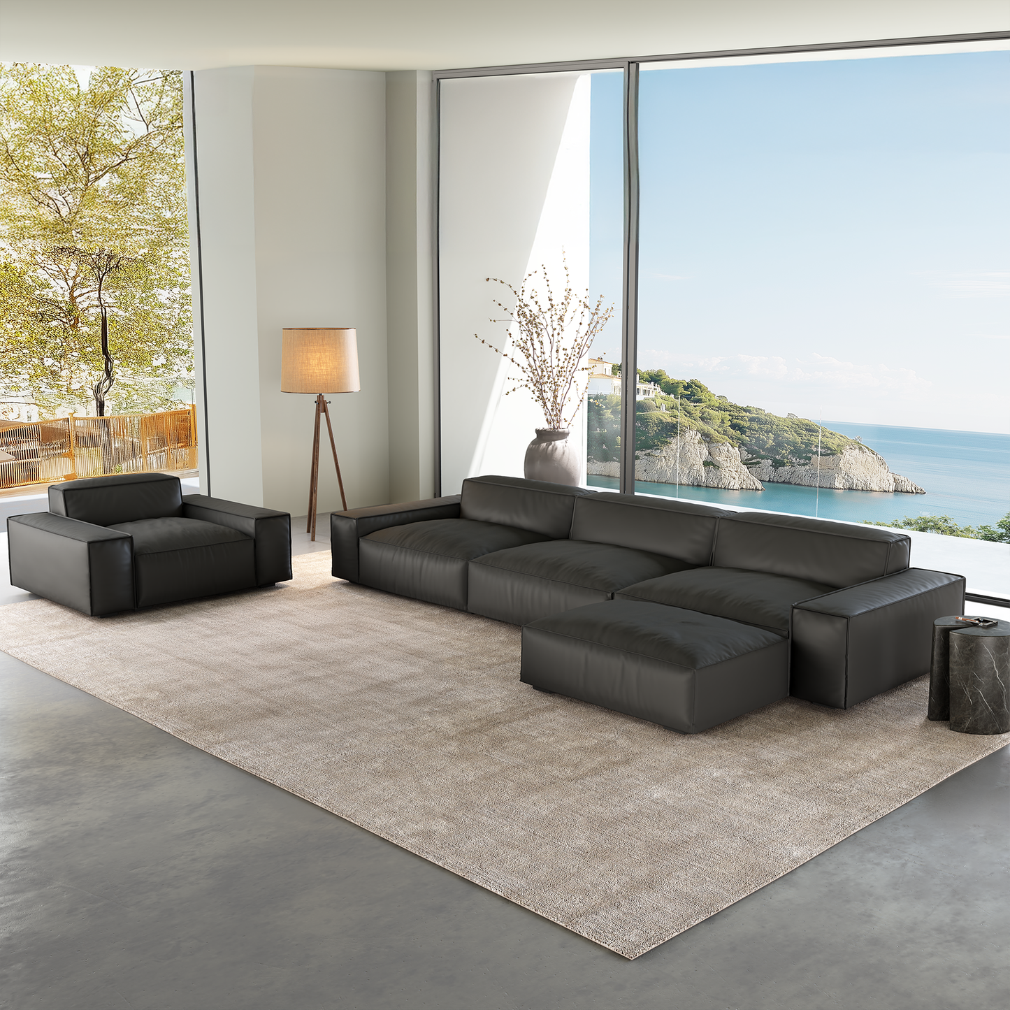 Luxury Minimalist Black Leather Sofa Set-Black