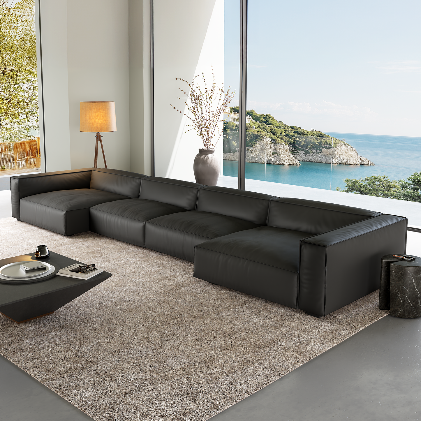 Luxury Minimalist Black Leather U Shaped Sectional Sofa-Black