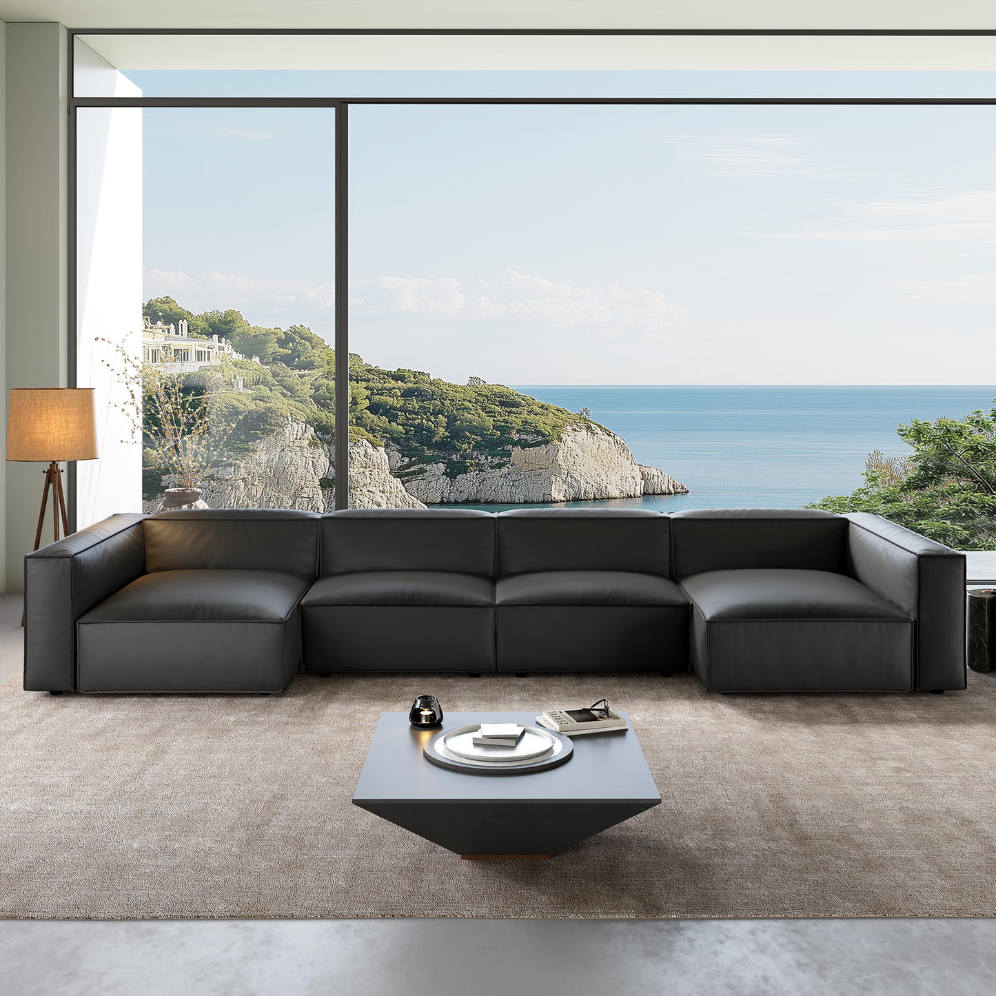 Canapé sectionnel en U en cuir noir minimaliste de luxe