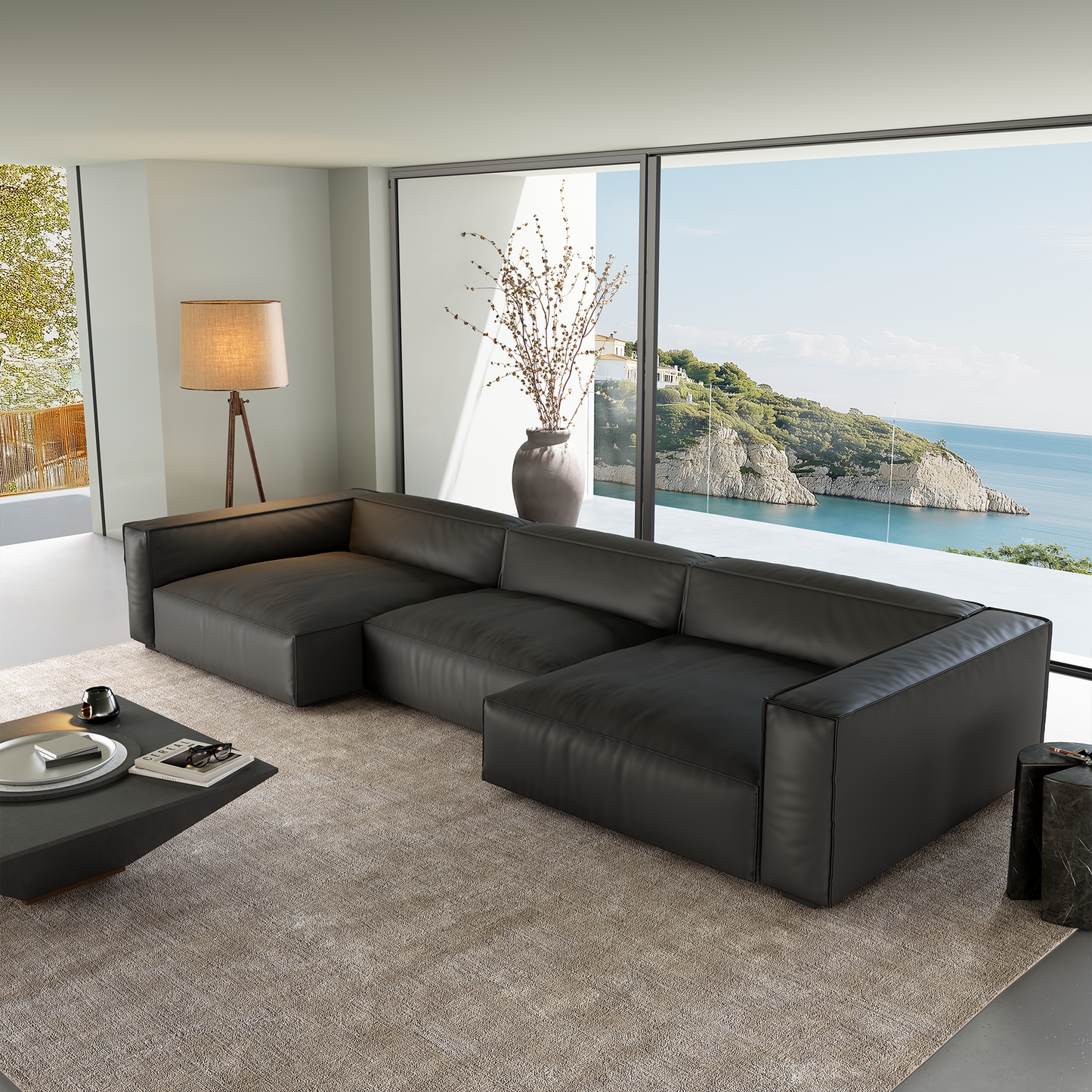 Luxury Minimalist Black Leather U Shaped Sectional Sofa-Black