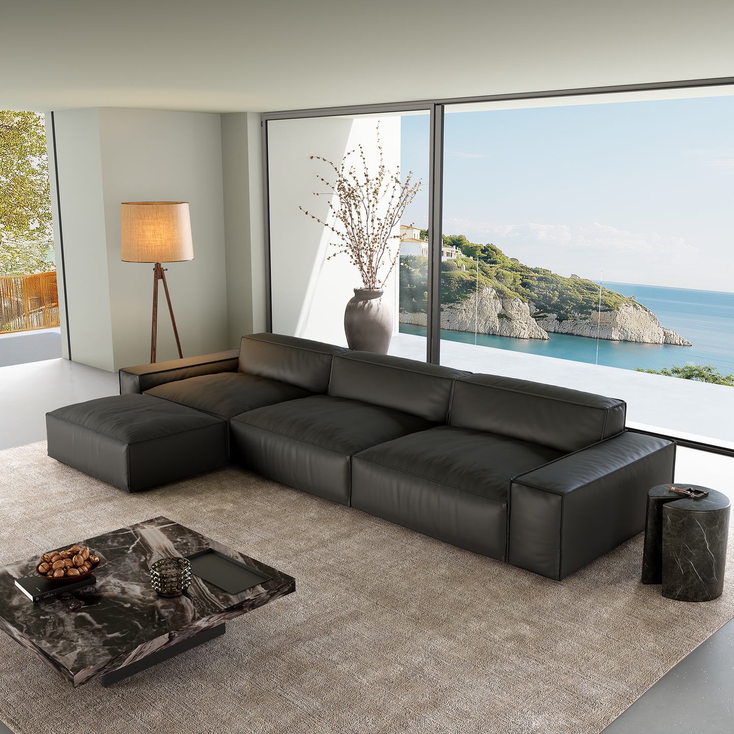 Luxury Minimalist Leather Black Sofa and Ottoman-Black