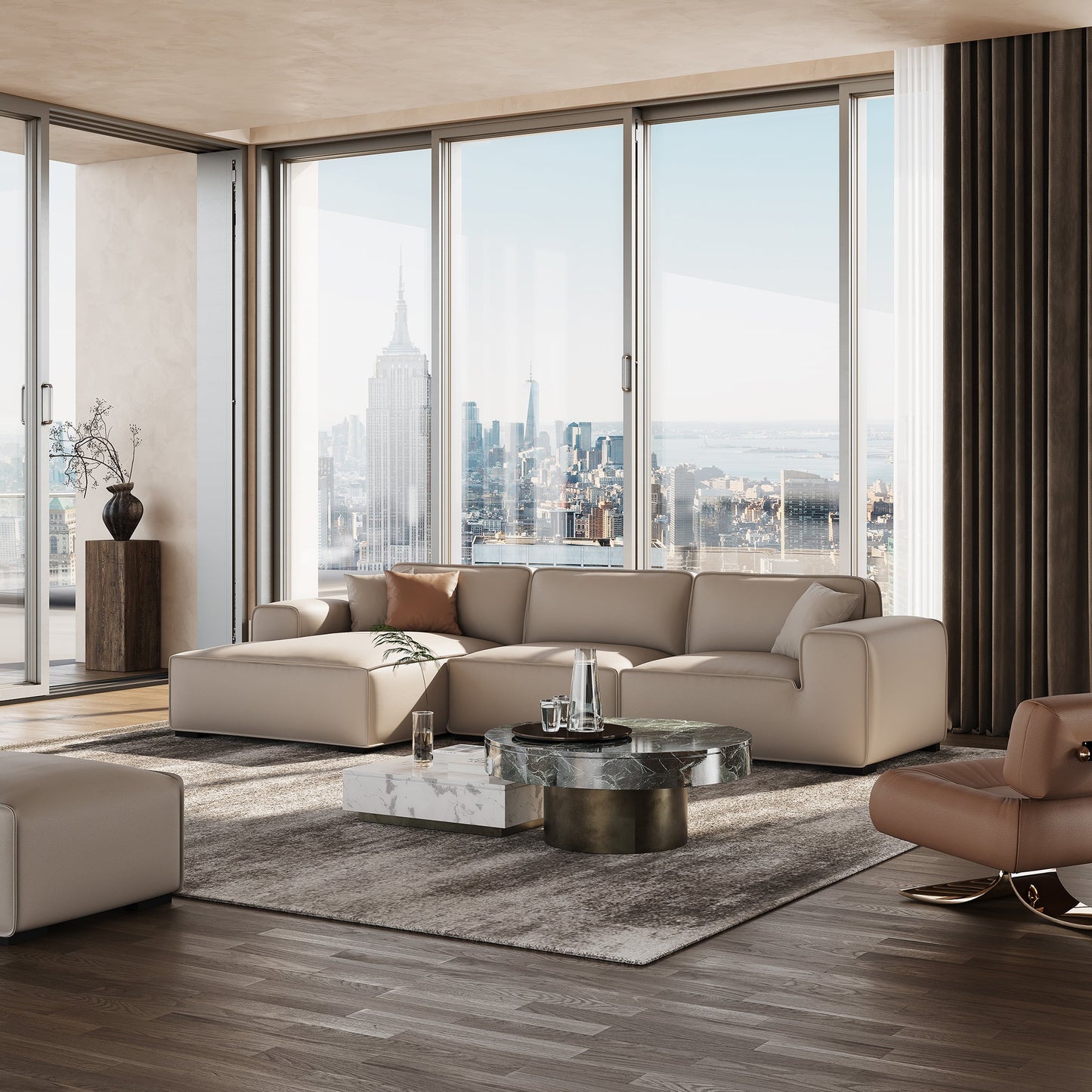 Domus Modular Beige Leather Sectional Sofa-Beige