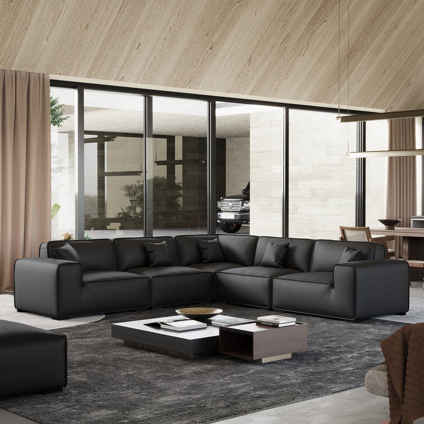 Domus Modular Black Leather Sectional Sofa-Black-5 Seater(126.8")