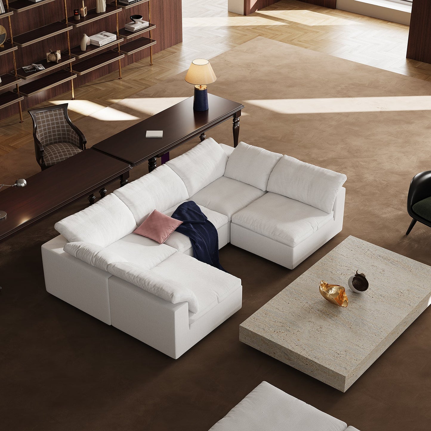 Tender Wabi Sabi U Shaped Beige Sectional with Open End-White