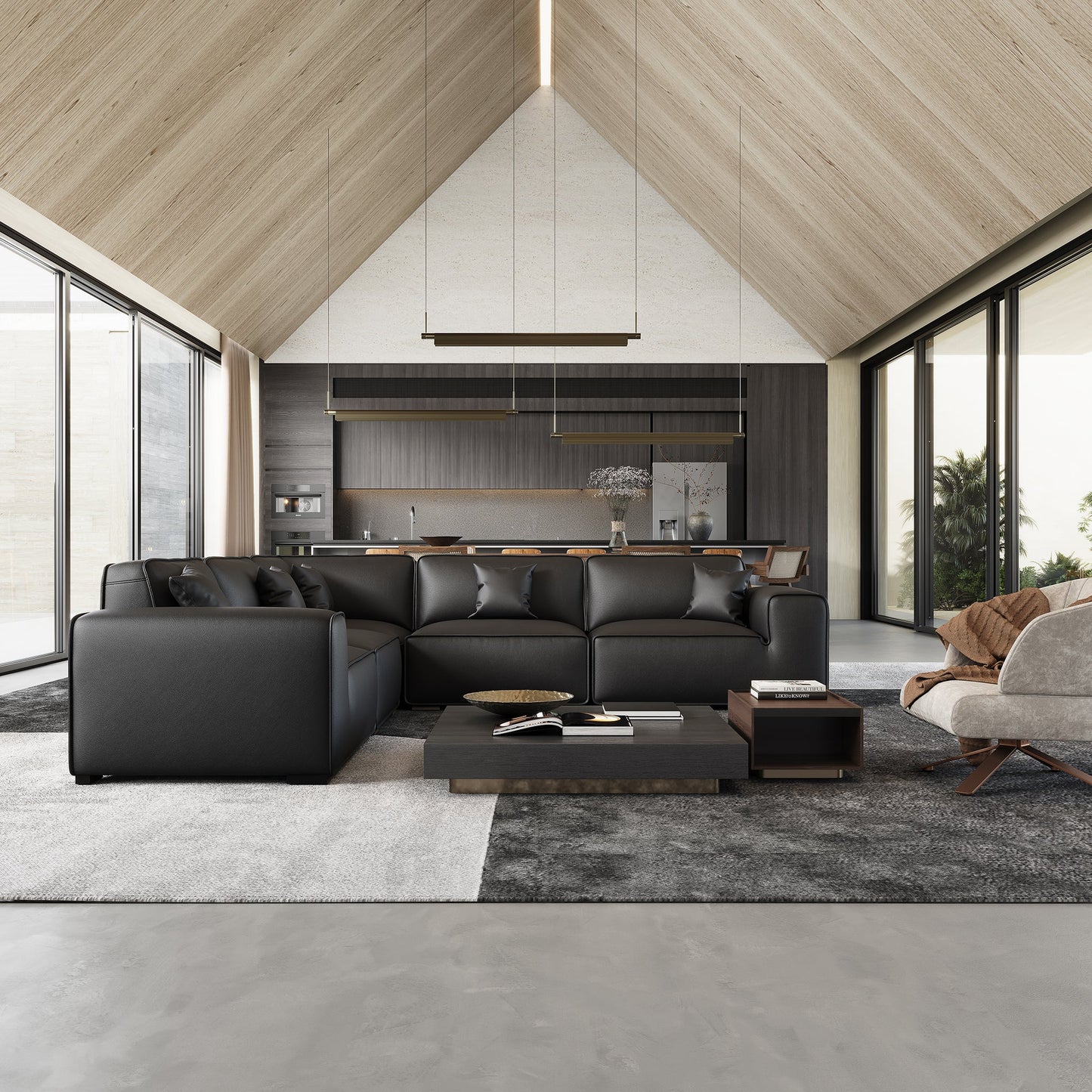 Domus Modular Black Leather Sectional Sofa-Black-5 Seater(126.8")