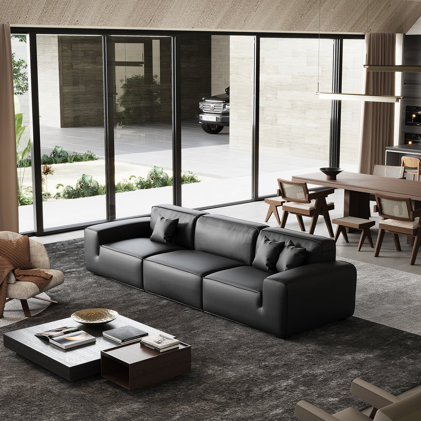 Domus Modular Dark Gray Leather Sofa-Black