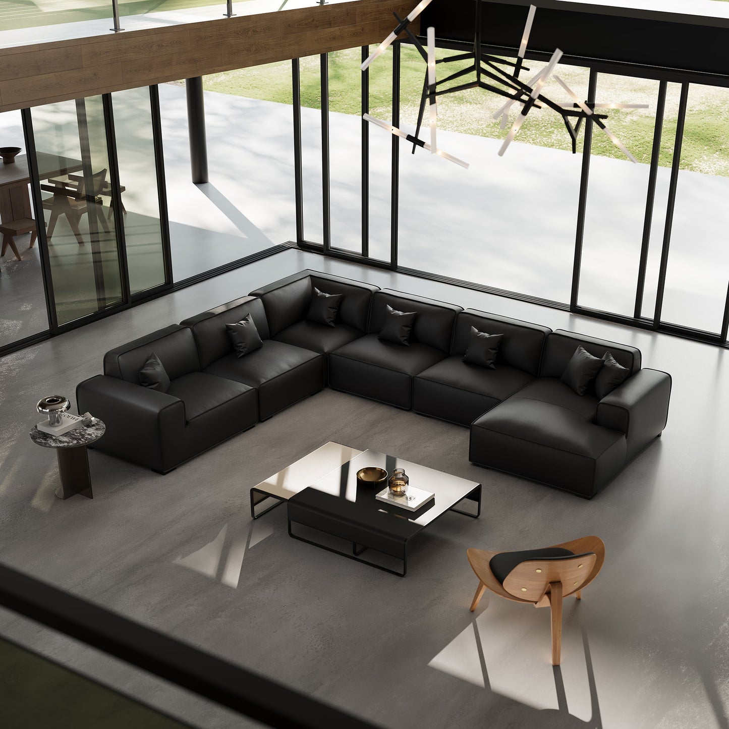 Domus Modular Dark Gray Leather U Shaped Sectional-Black