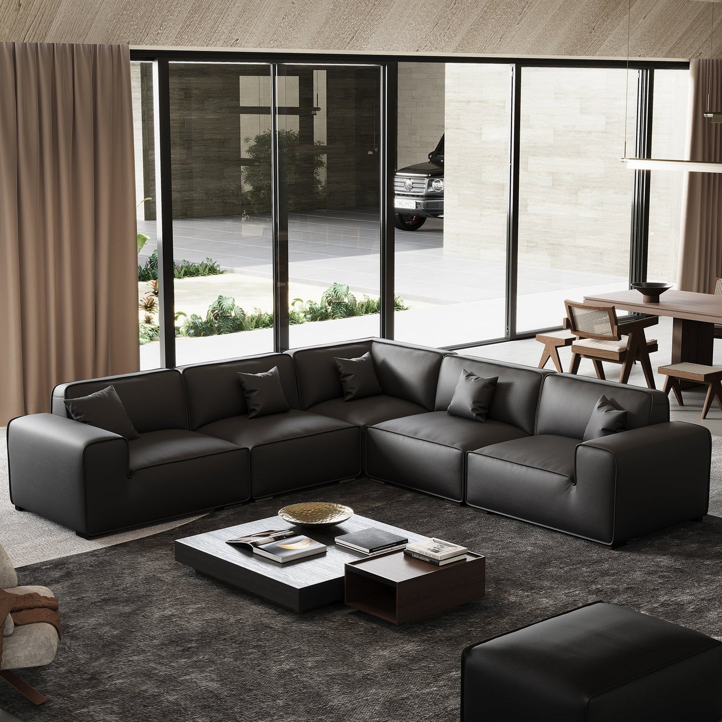 Domus Modular Black Leather Sectional Sofa-Black-5 Seater(126.8")