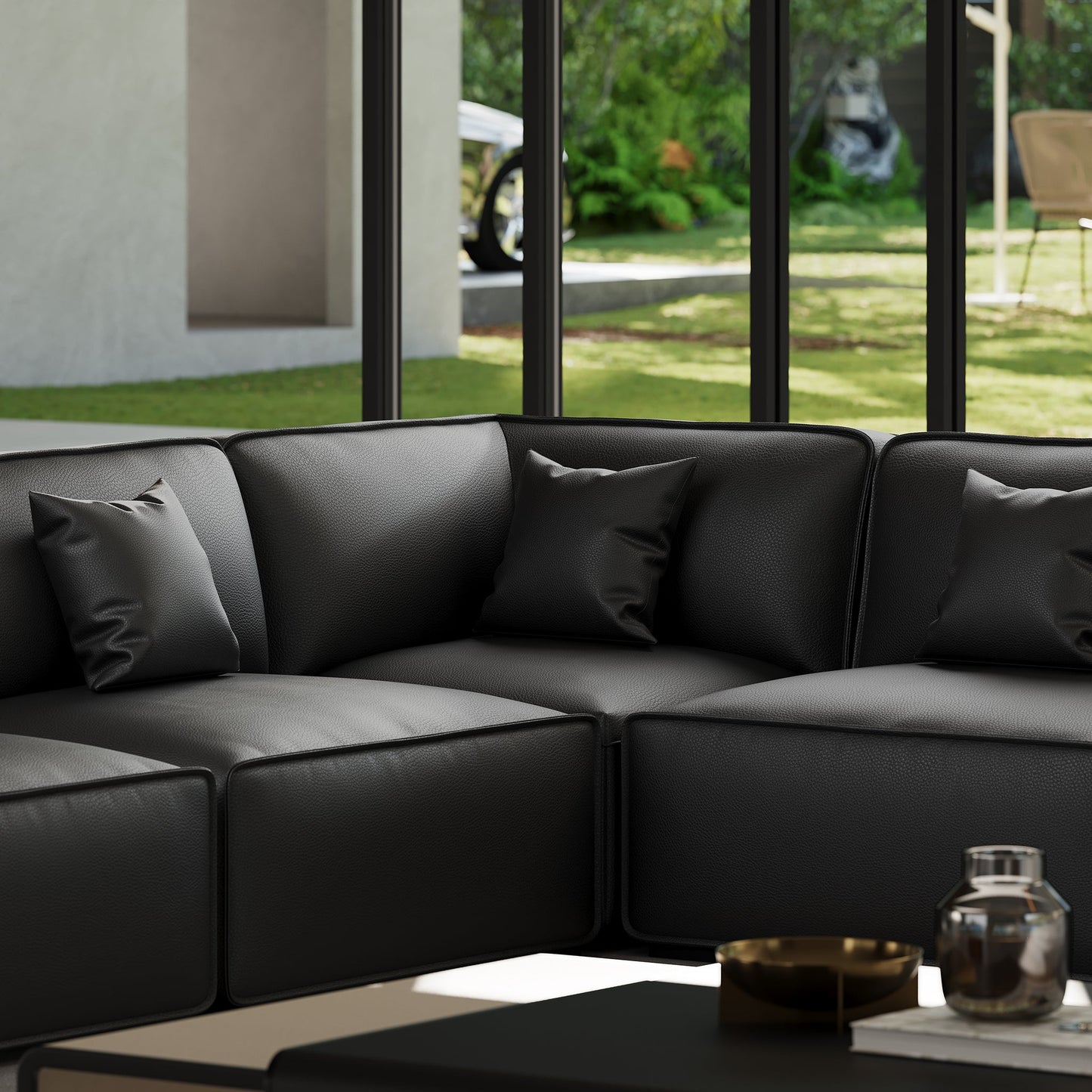 Domus Modular Dark Gray Leather U Shaped Sectional-Black
