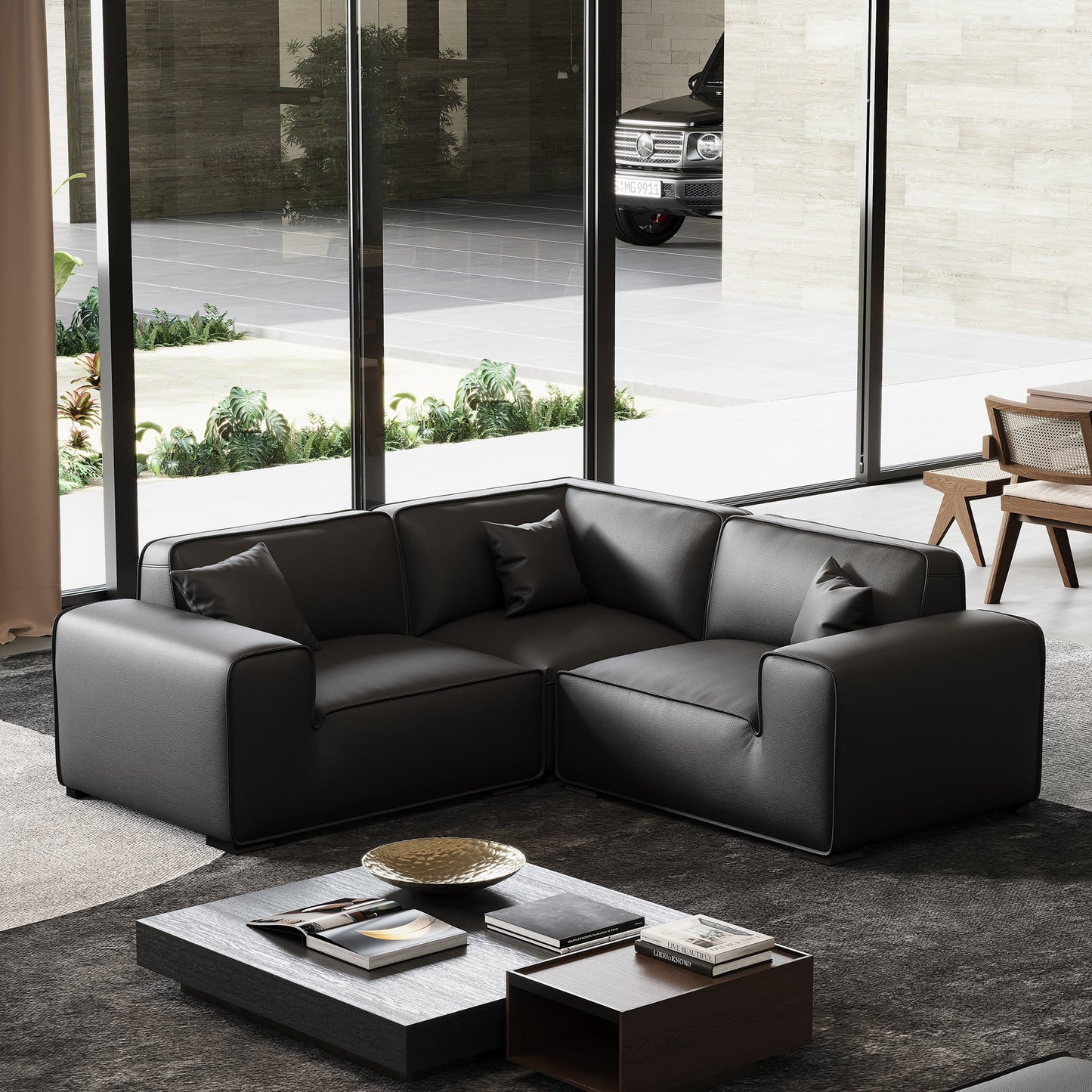 Domus Modular Black Leather Sectional Sofa-Black-3 Seater(91.3")