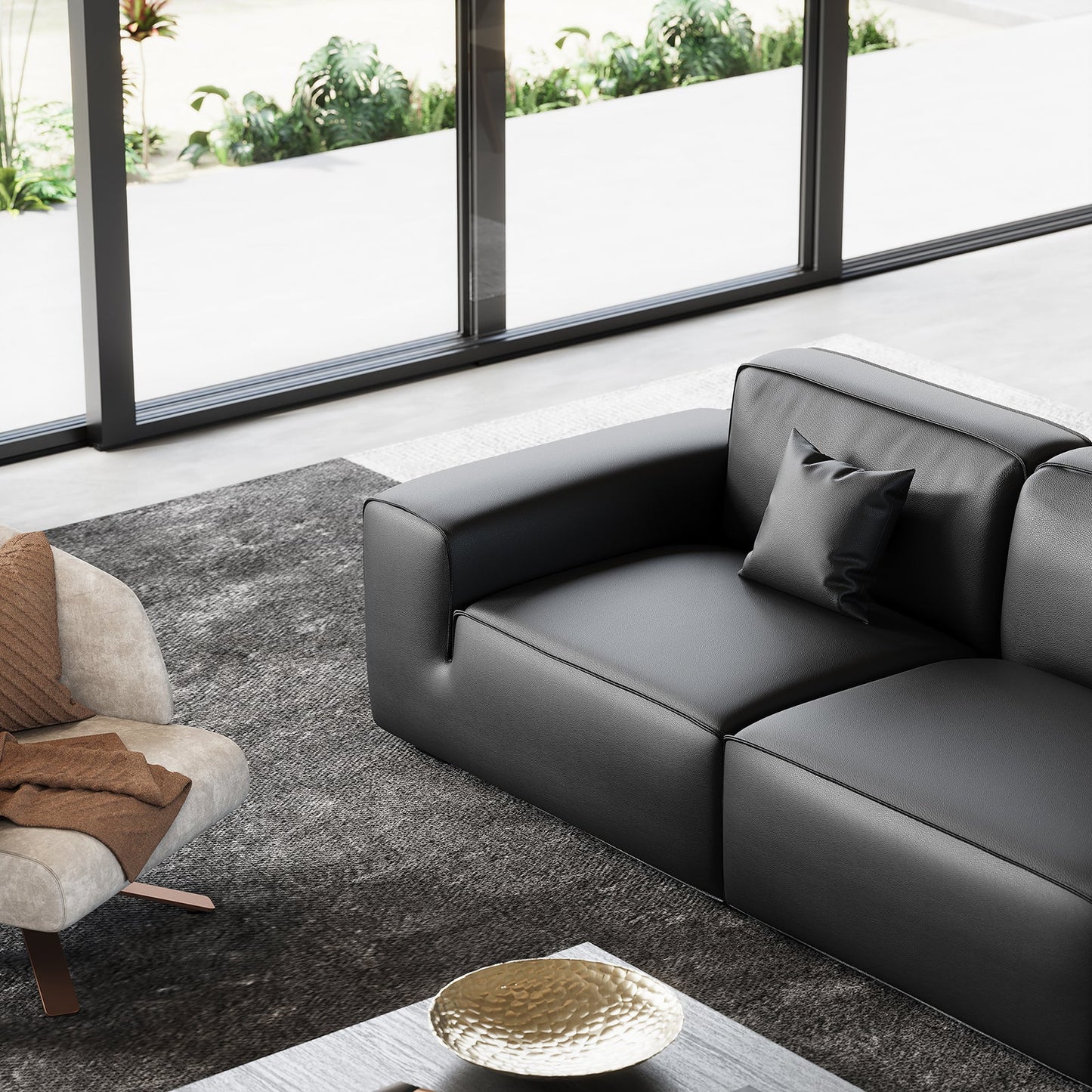 Domus Modular Black Leather Sofa-Black