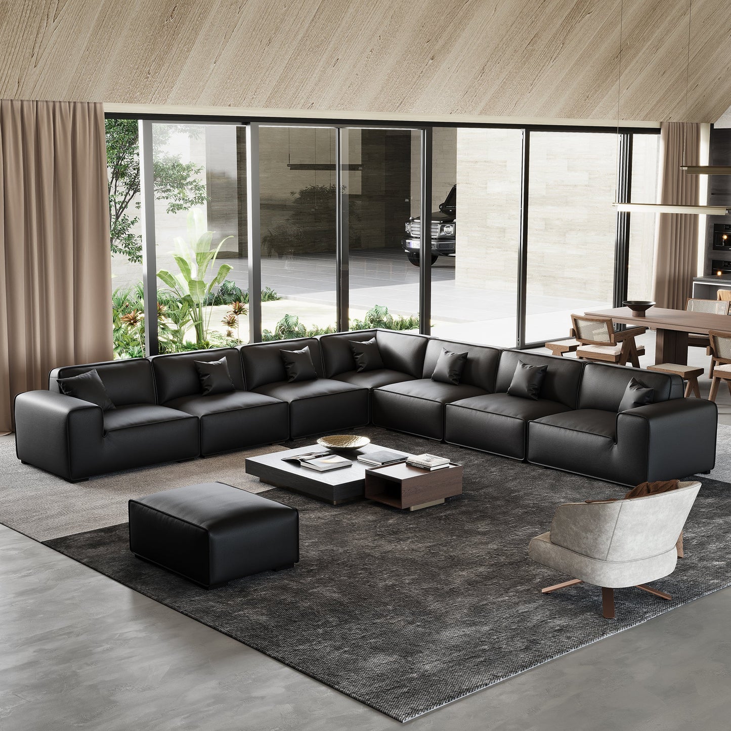 Domus Modular Black Leather Sectional Sofa-Black-7 Seater(162.2")