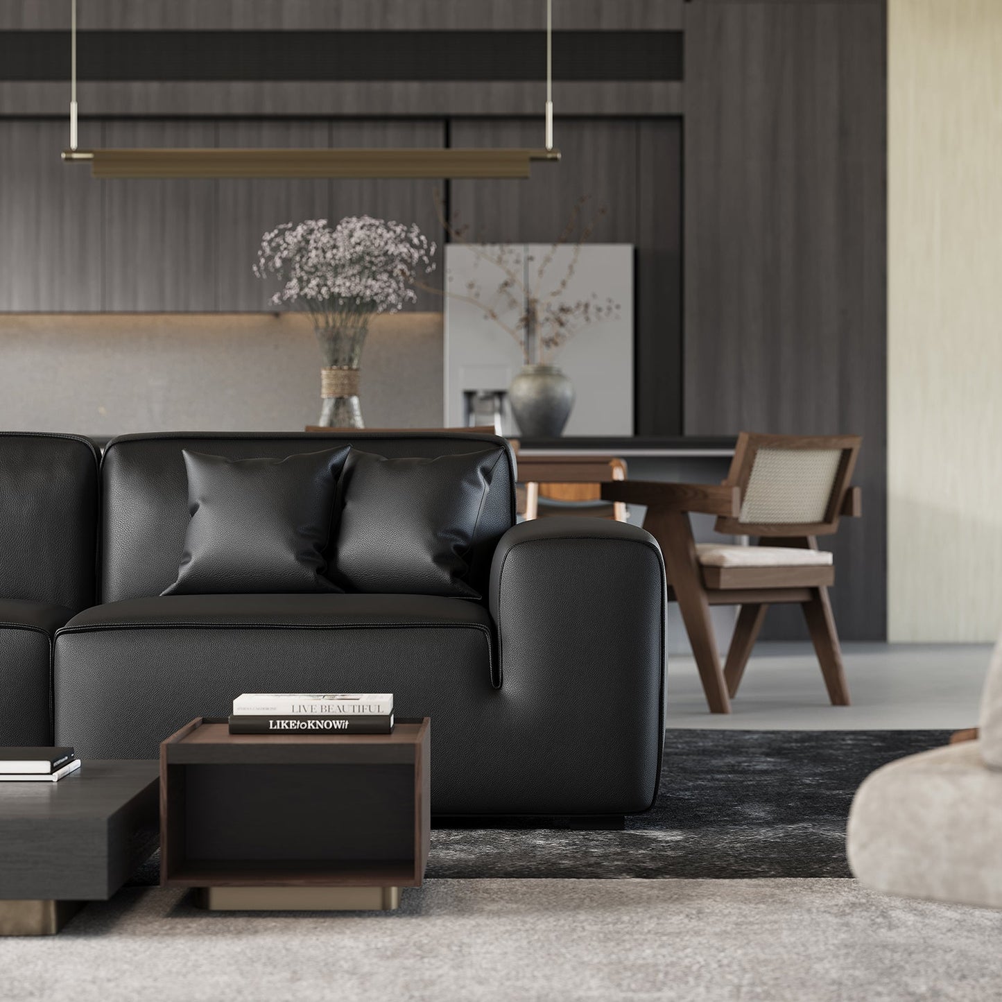 Domus Modular Black Leather Sofa-Black