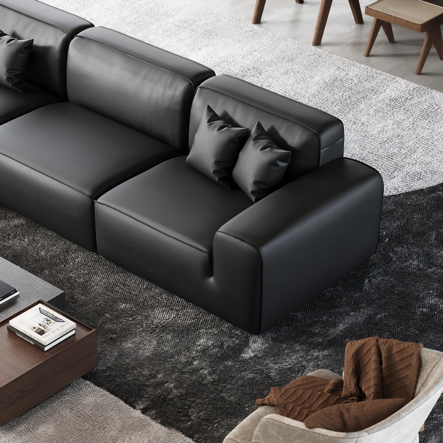 Domus Modular Black Leather Sofa-Black