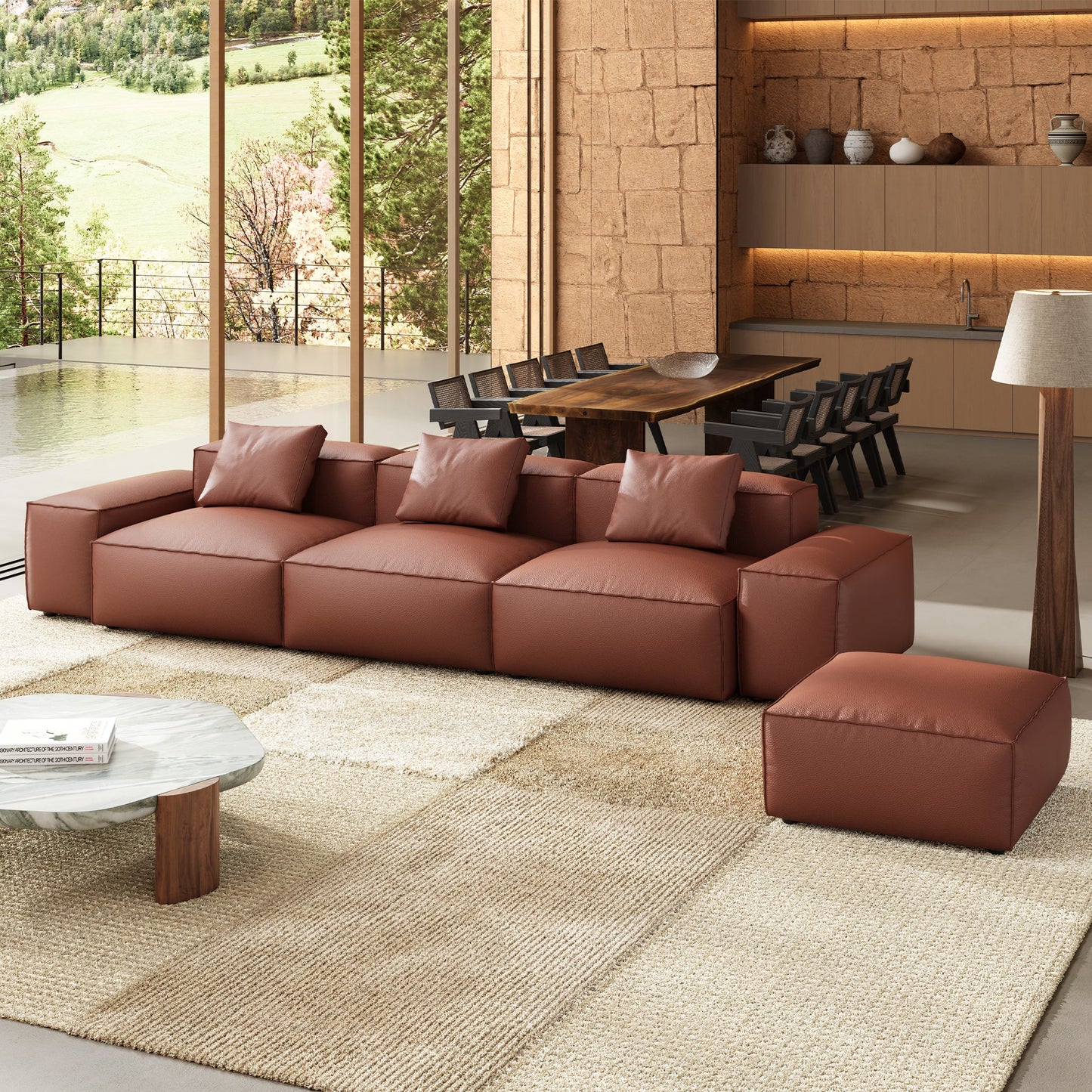 Cube Modular Brown Genuine Leather Sofa with Ottoman-Brown