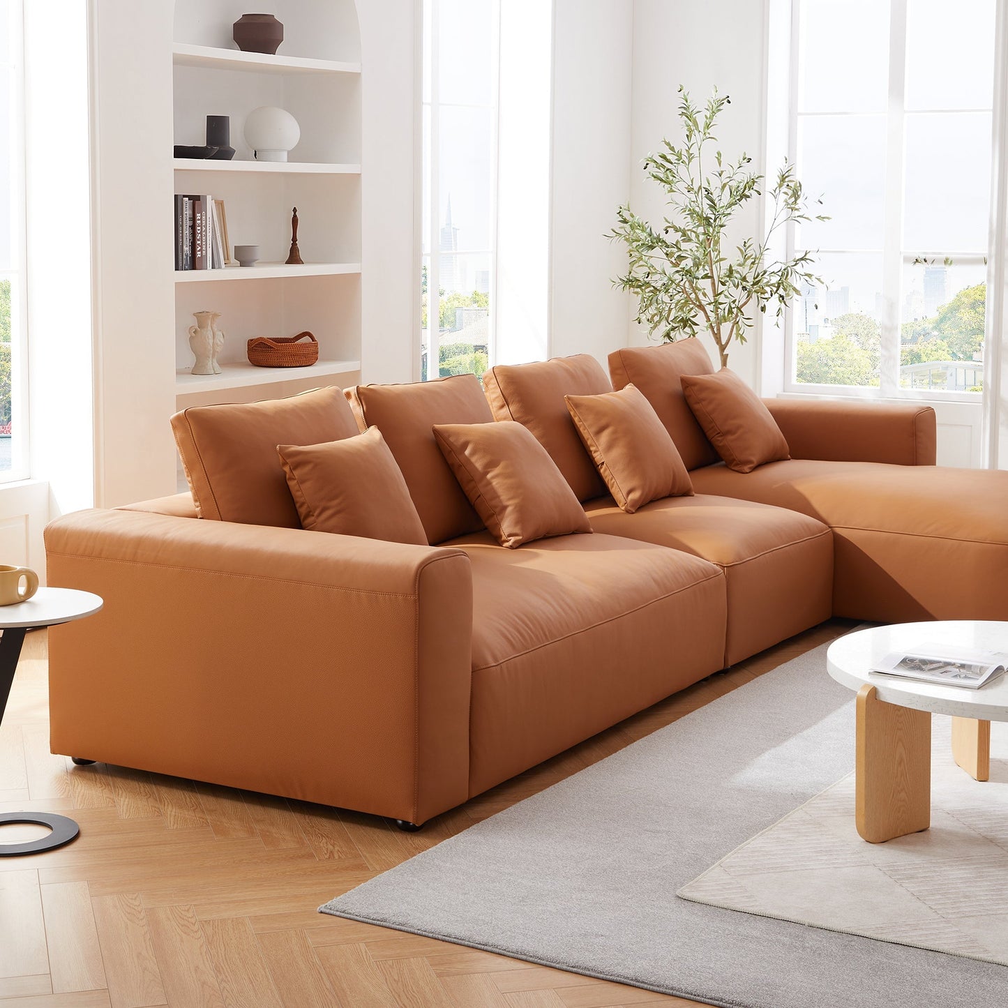 Nathan Modular Orange Leather Sectional Sofa-Orange