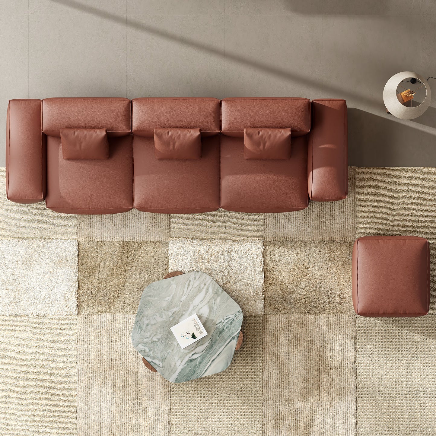 Cube Modular Brown Genuine Leather Sofa with Ottoman-Brown