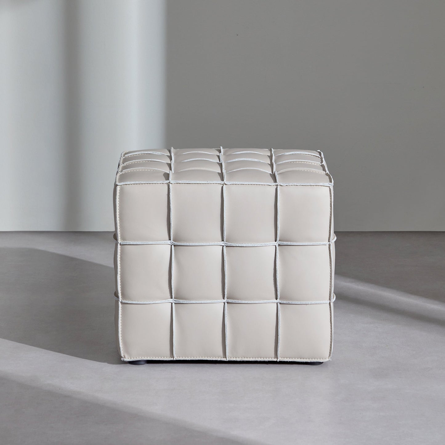 Monarch Leather Tufted Cube Pouf-Beige