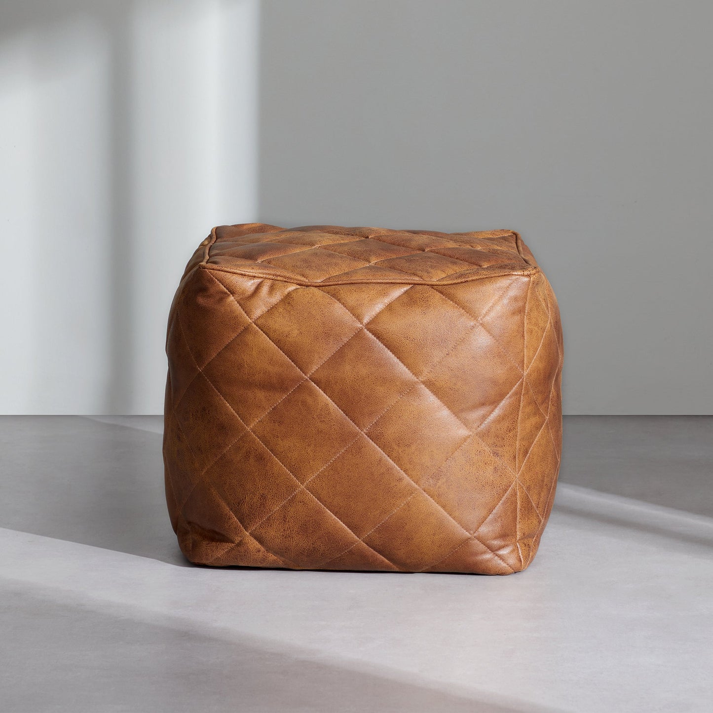 Waffle Tan Leathaire Square Pouf-Tan