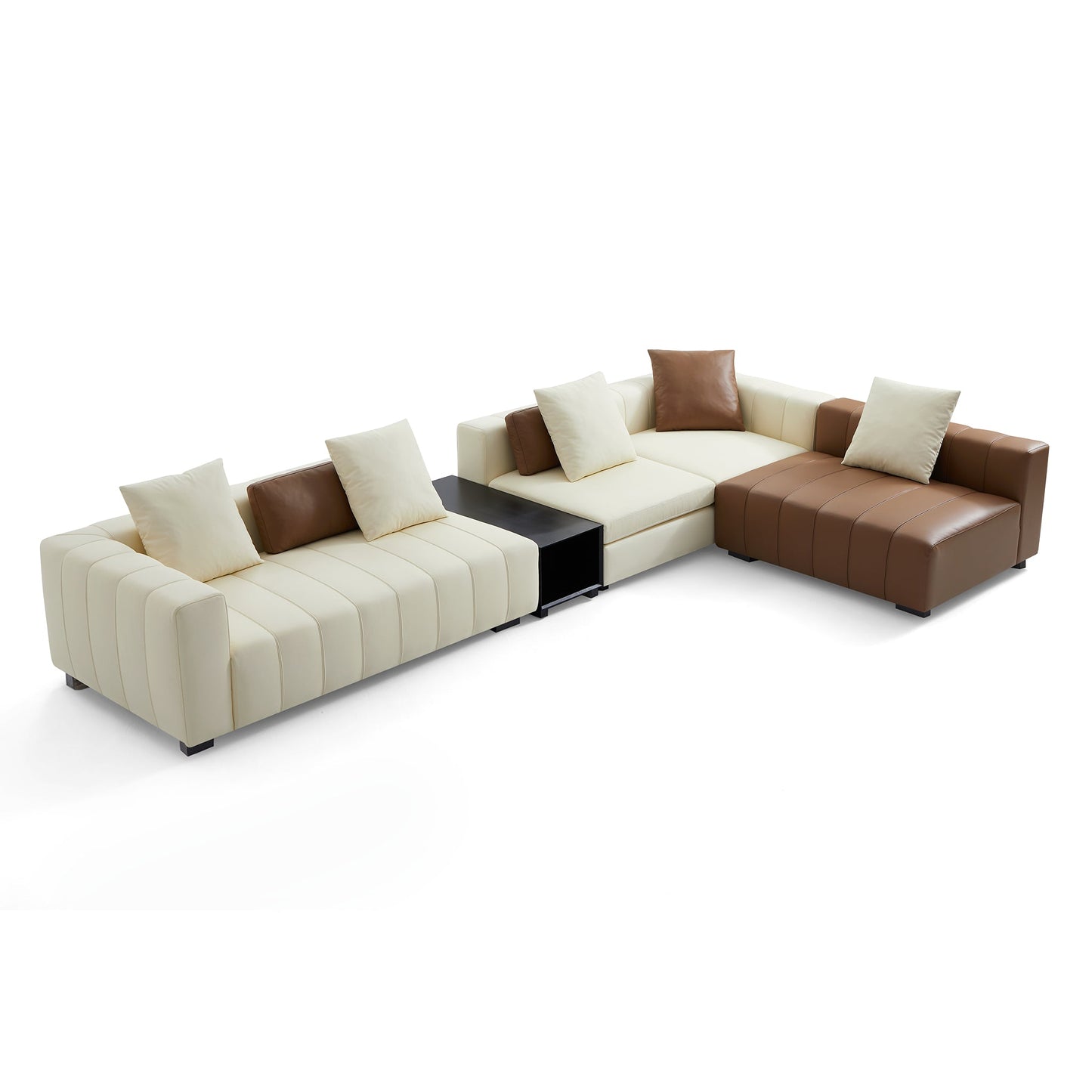 Piano L Shaped Leather Sectional Sofa with Coffee Table-Beige & Brown
