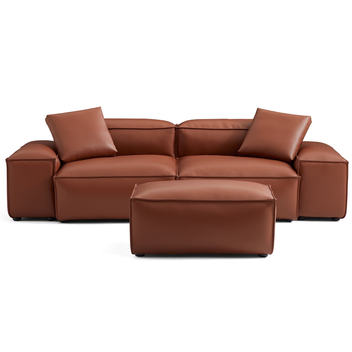 Cube Modular Brown Genuine Leather Sofa with Ottoman-Brown-105.5"-Low
