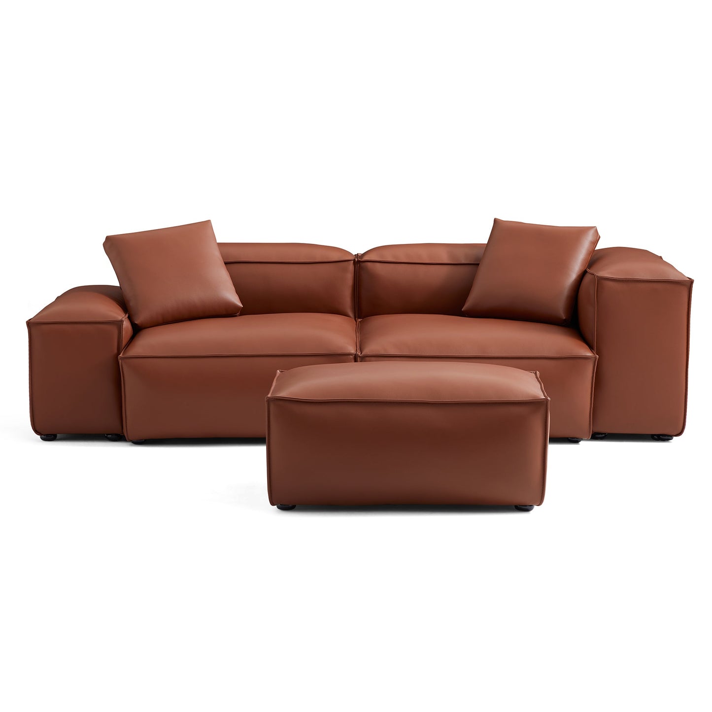 Cube Modular Brown Genuine Leather Sofa with Ottoman-Brown-105.5"-Low & High