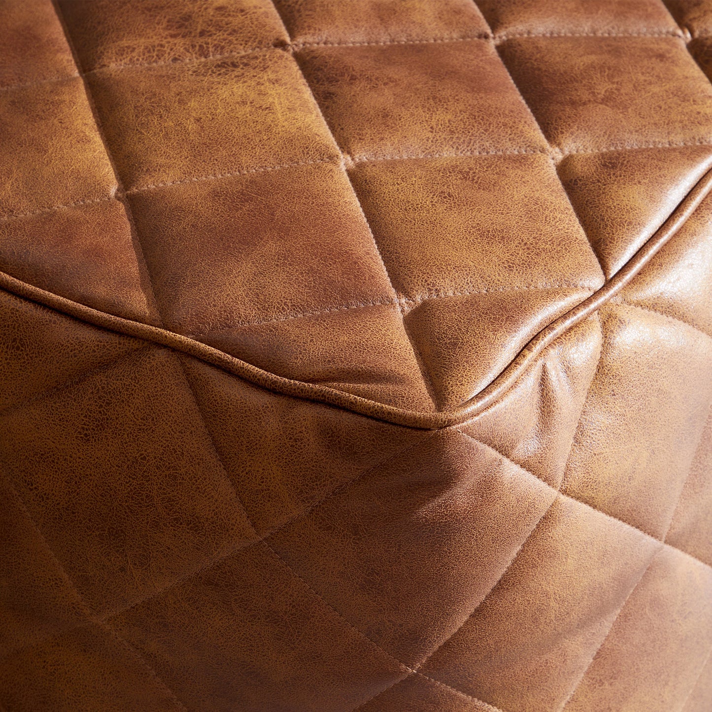 Waffle Tan Leathaire Square Pouf-Tan