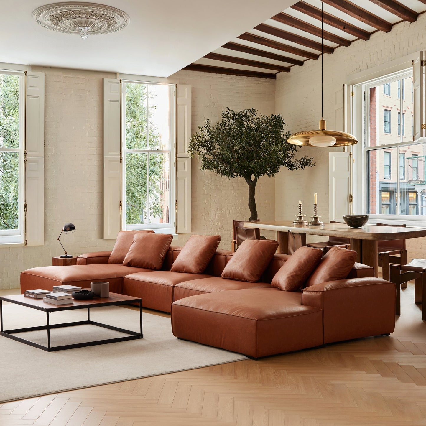 Garvon Vintage Reddish Brown Leathaire Double Chaise Sectional-Reddish Brown