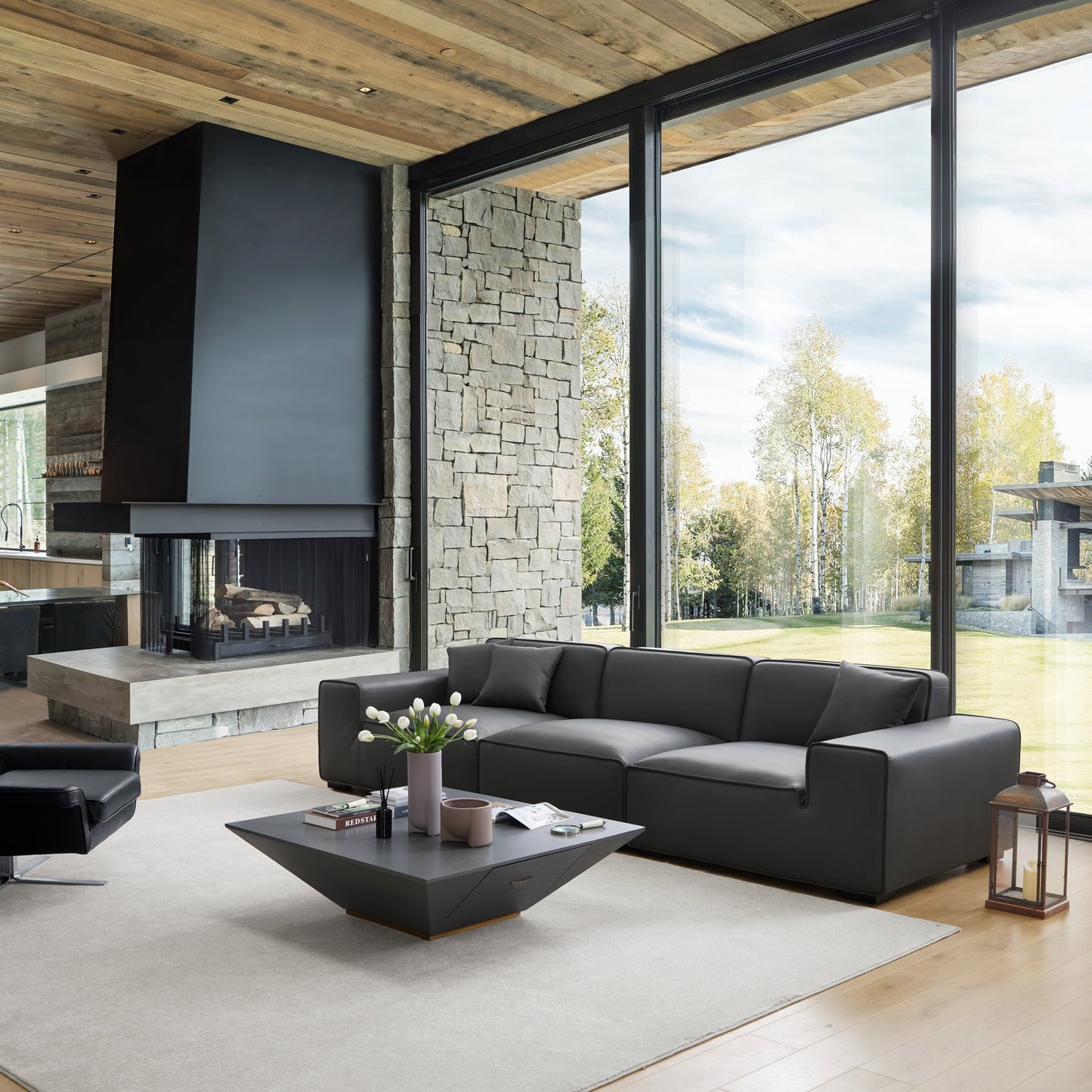 Domus Modular Khaki Leather Sofa-Dark Gray