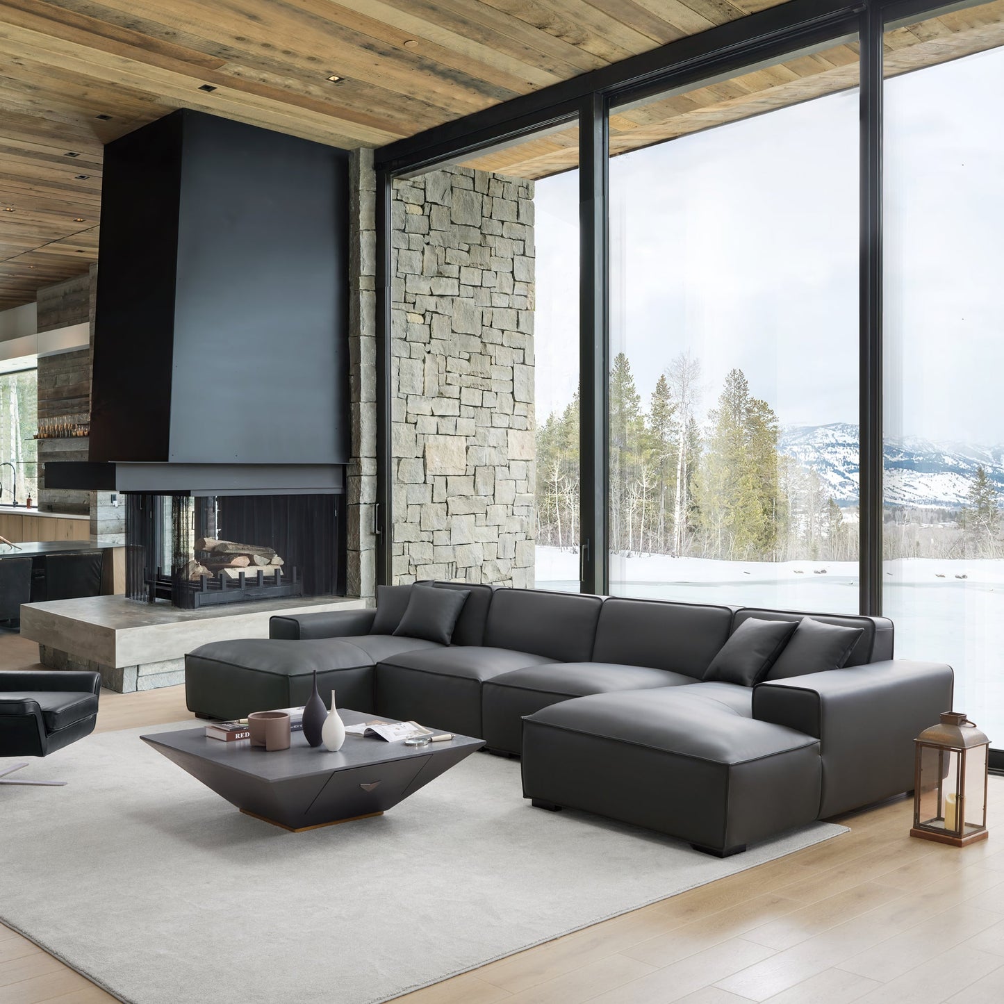 Domus Modular Beige Leather Double Chaise Sectional-Dark Gray