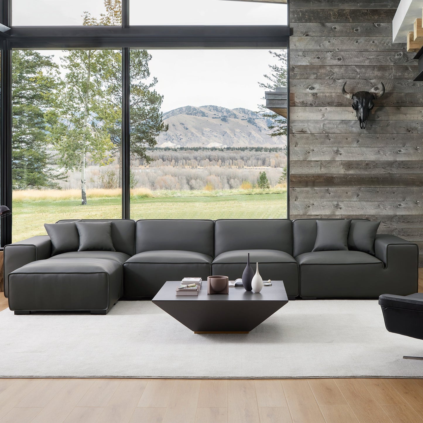 Domus Modular Dark Gray Leather Sofa and Ottoman-Dark Gray