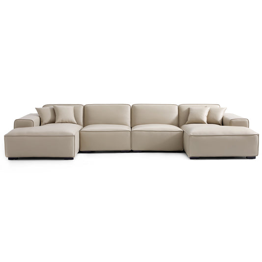 Domus Modular Black Leather Double Chaise Sectional-Beige-157.5″