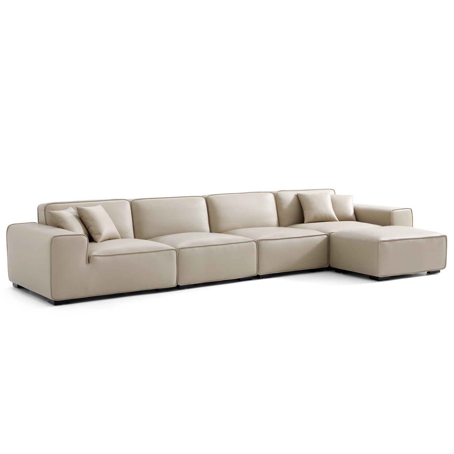 Domus Modular Khaki Leather Sofa and Ottoman-Beige-165.3"