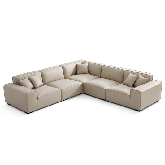 Domus Modular Black Leather L Shaped Sectional-Beige-5 Seater(126.8")