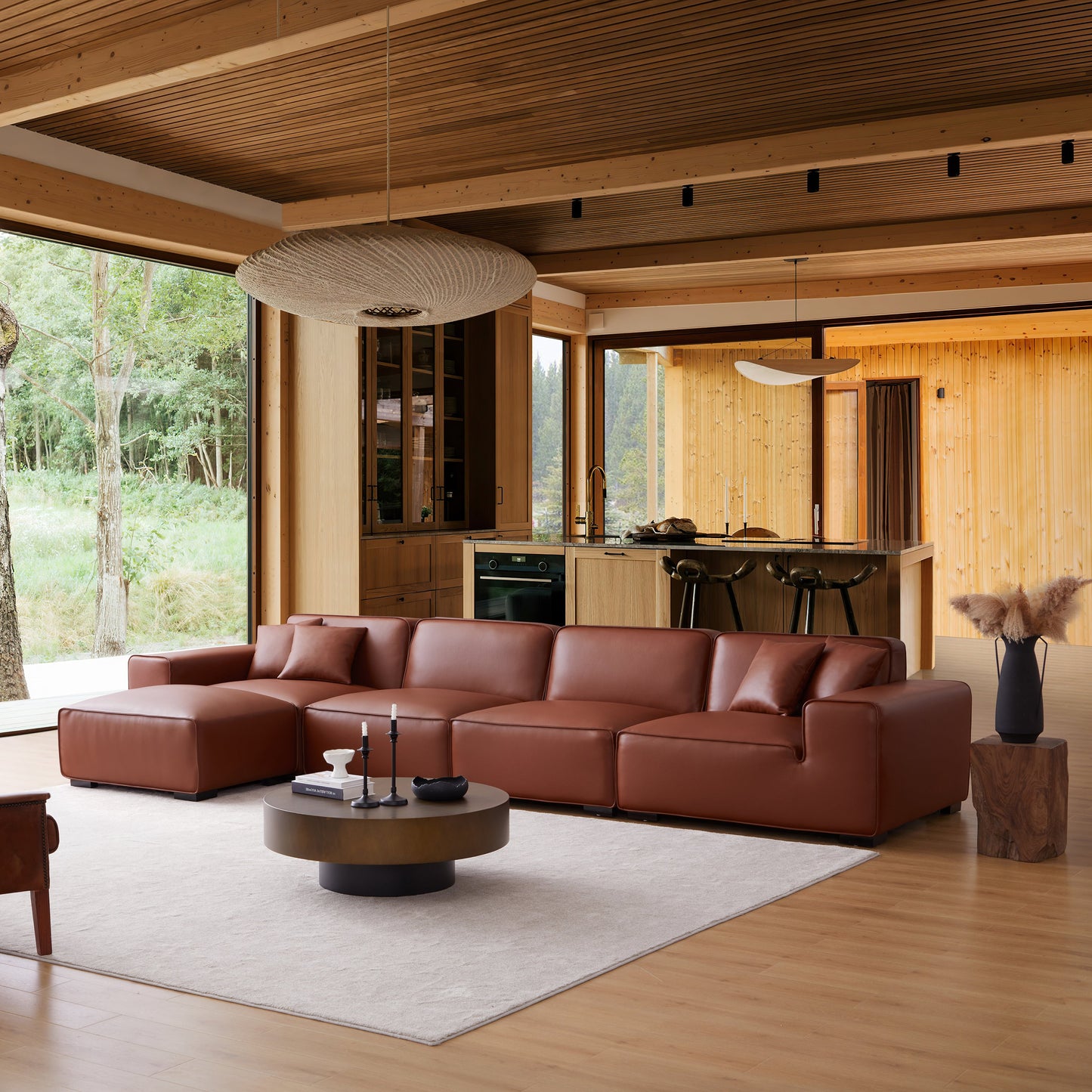Domus Modular Brown Leather Sofa and Ottoman-Brown