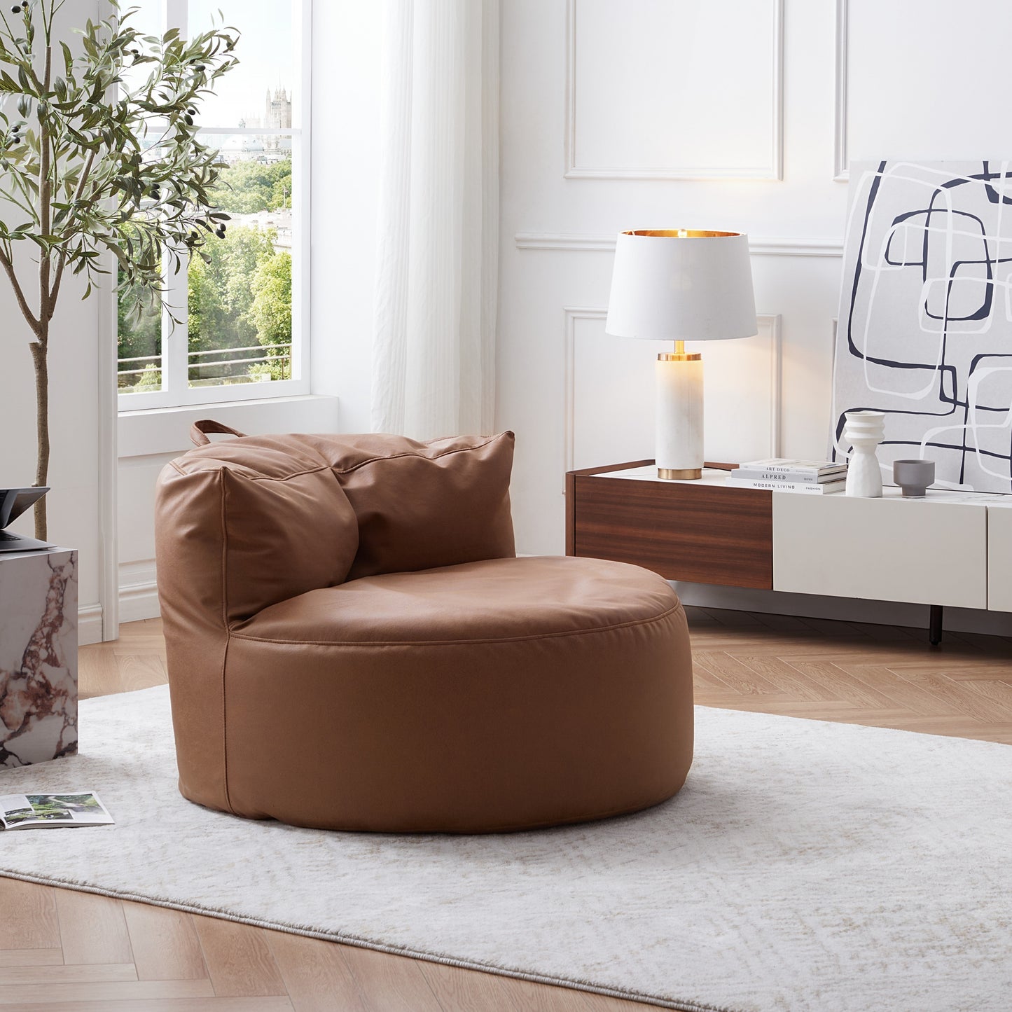 Eclipse lounge Leathaire Gray Beanbag With Ottoman-Brown