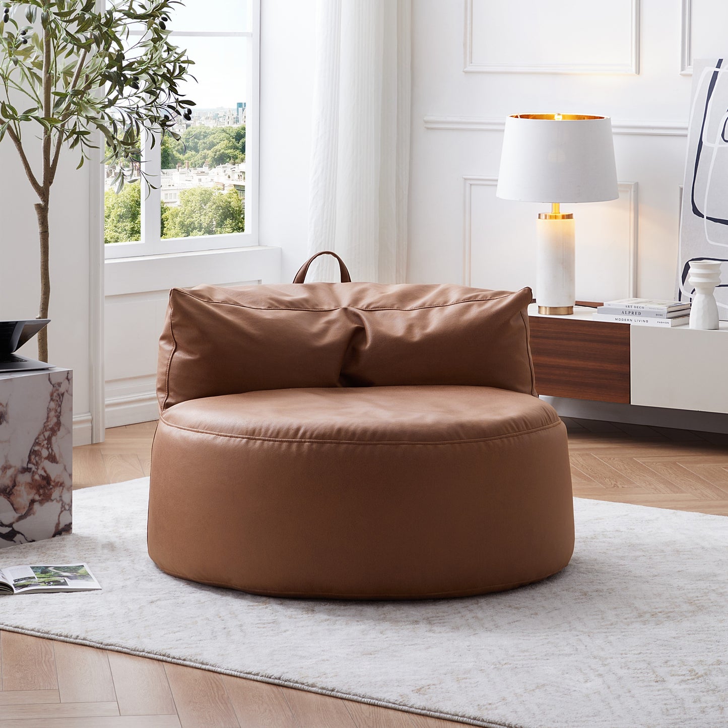 Eclipse lounge Leathaire Gray Beanbag With Ottoman-Brown