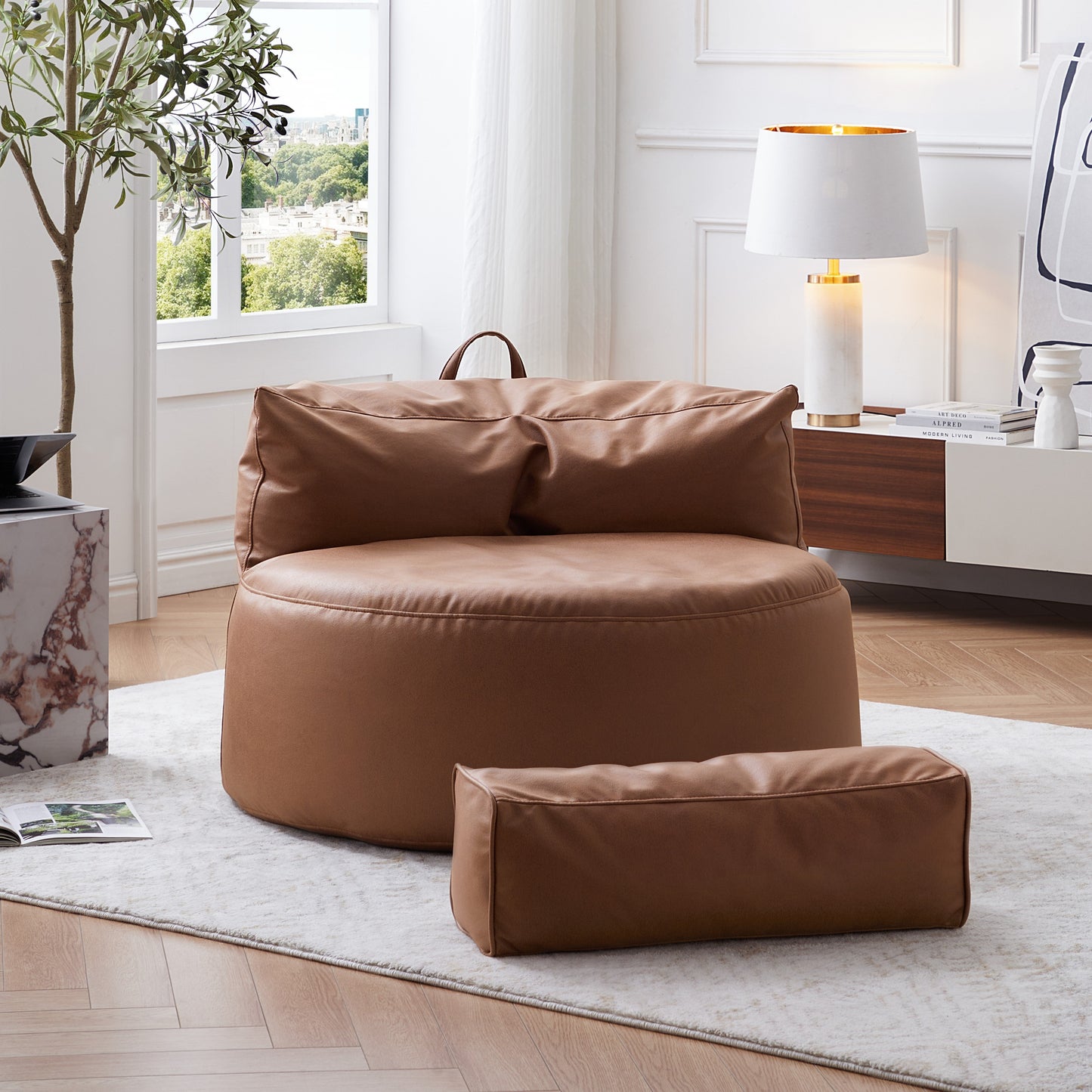 Eclipse lounge Leathaire Gray Beanbag With Ottoman-Brown