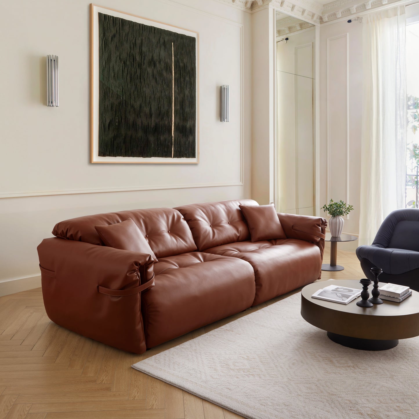 Butter Tufted Reddish Brown Genuine Leather Sofa-Reddish Brown