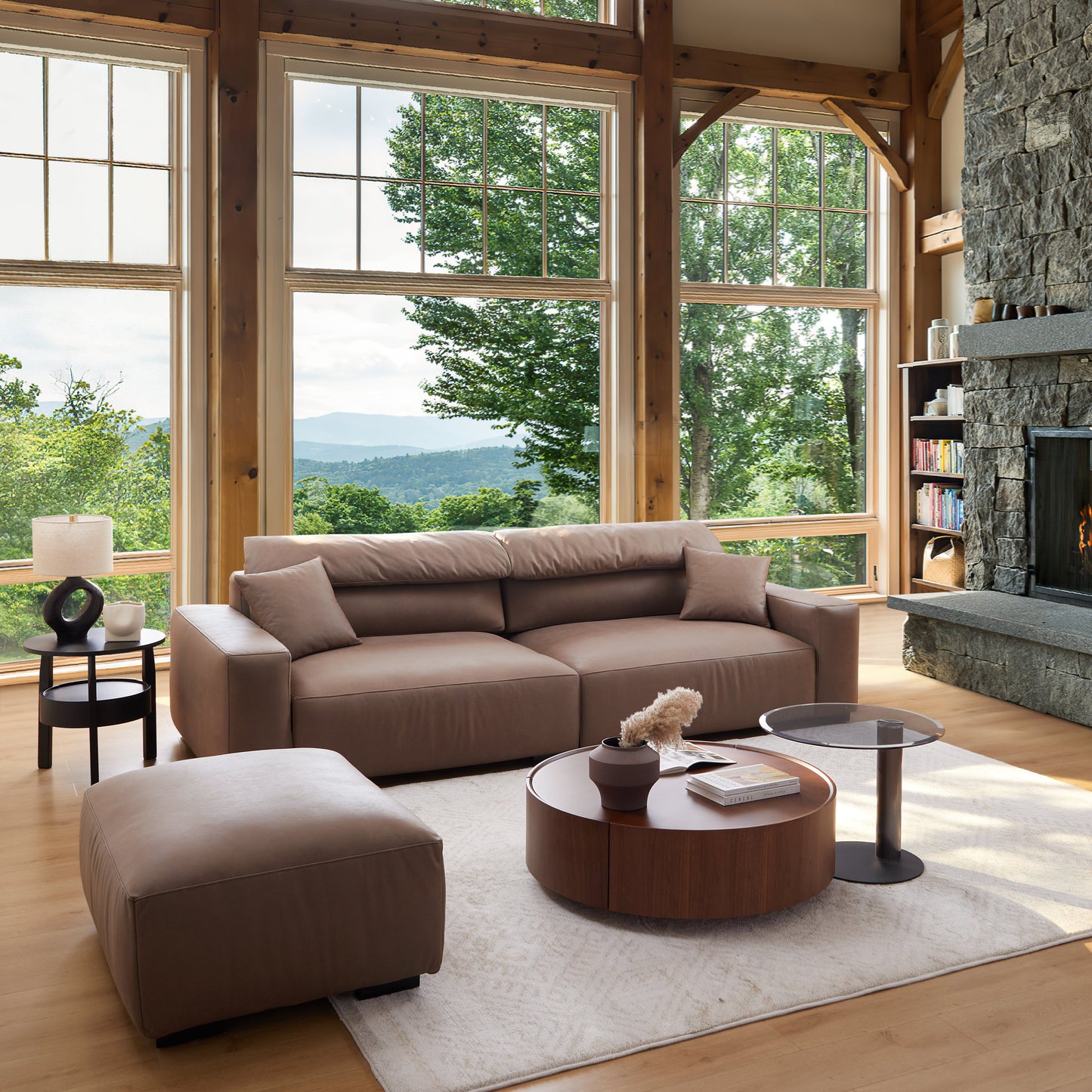 Chestnut Brown Leather Sofa and Ottoman-Brown