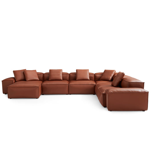Cube Modular Brown Genuine Leather U Shaped Sectional-Brown