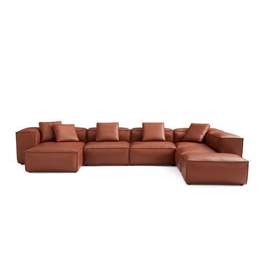Cube Modular Brown Genuine Leather U Shaped Sectional-Brown