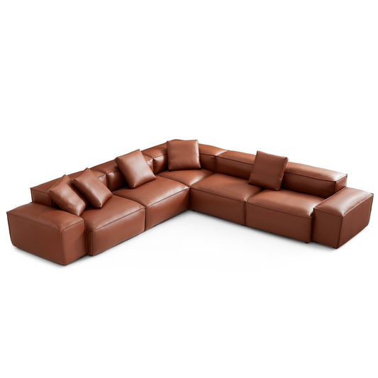 Cube Modular Brown Genuine Leather Corner Sectional-Brown