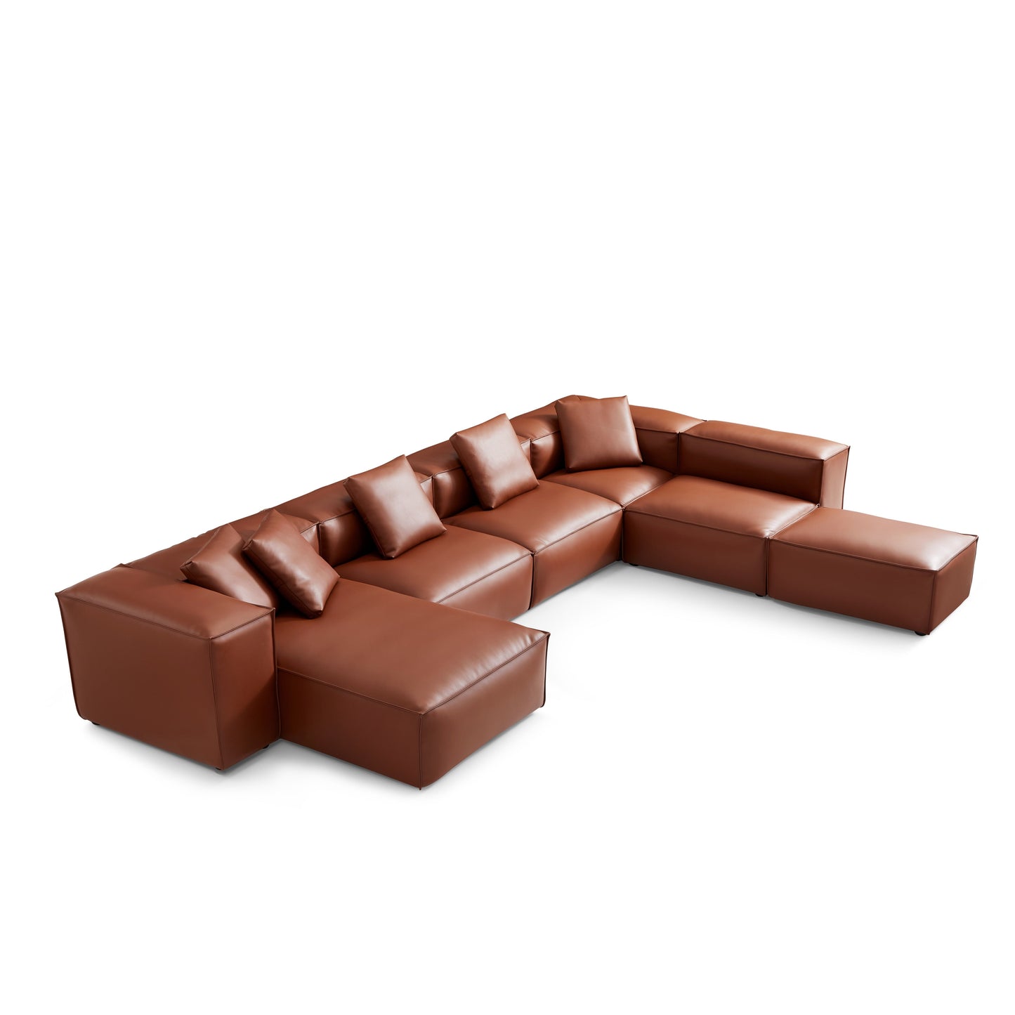 Cube Modular Brown Genuine Leather U Shaped Sectional-Brown
