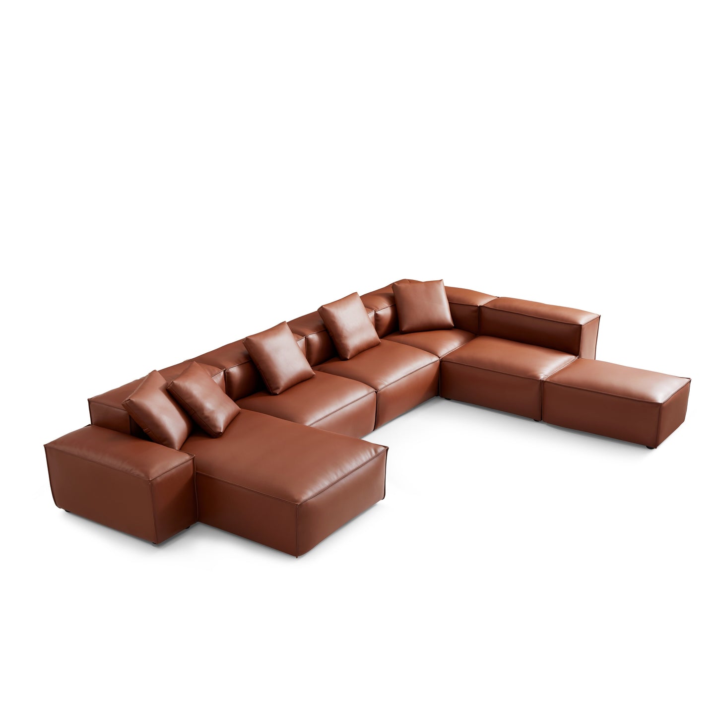 Cube Modular Brown Genuine Leather U Shaped Sectional-Brown